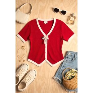 Vintage Susan Bristol 90's Red Cotton Ribbed Short Sleeve Cardigan  Lg Americana